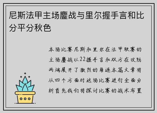尼斯法甲主场鏖战与里尔握手言和比分平分秋色